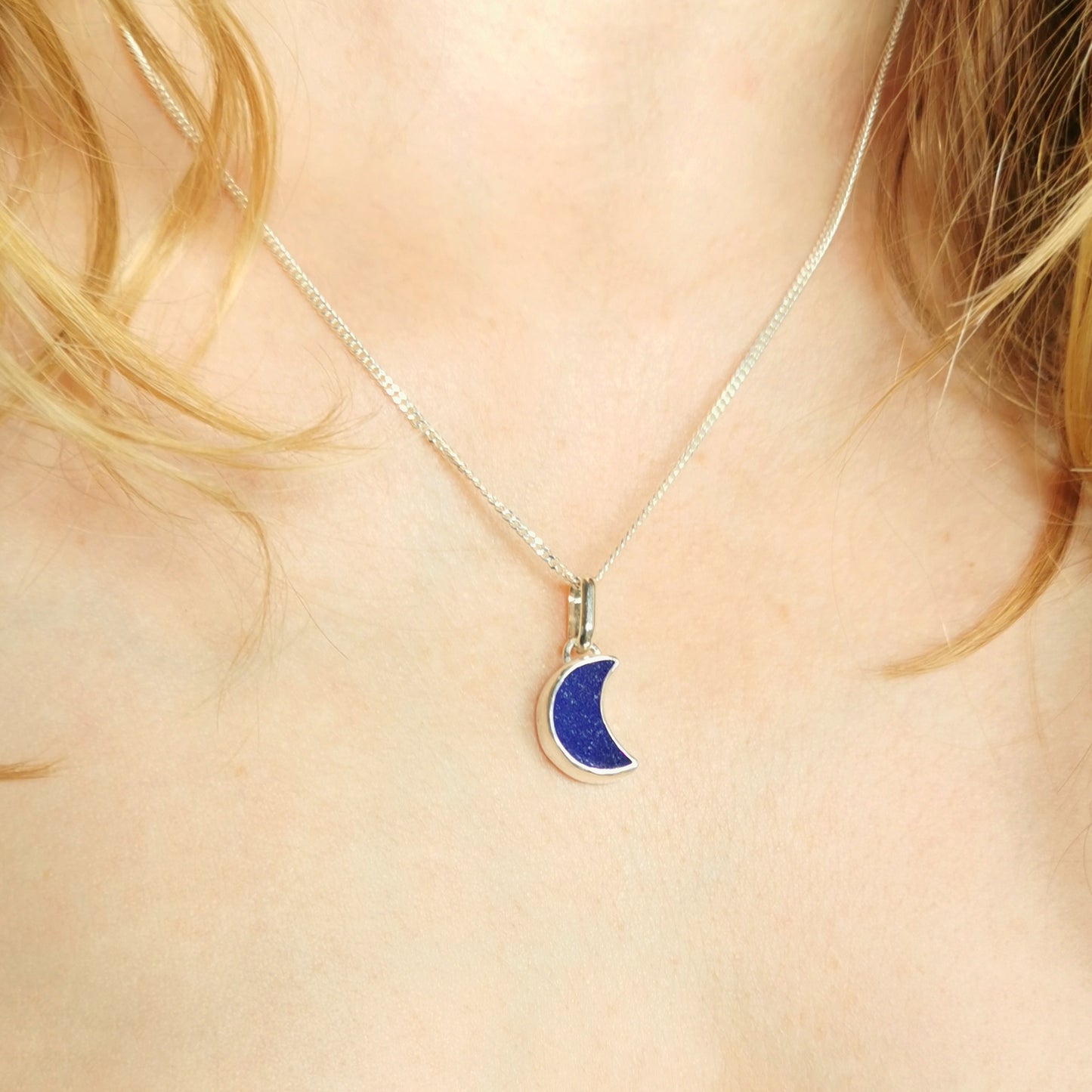 Scottish cobalt blue crescent moon sea glass & sterling silver pendant.
