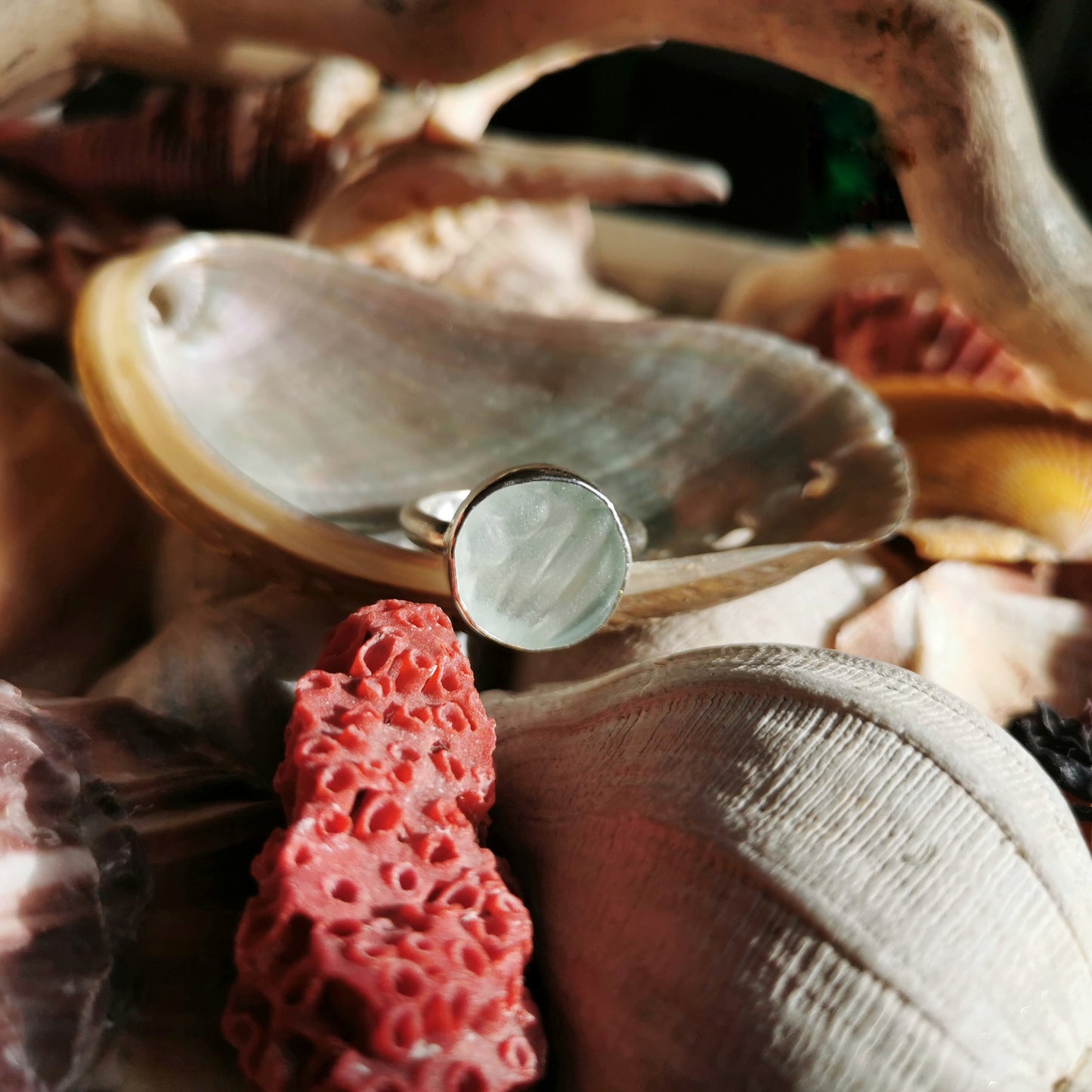 Scottish sea foam sea glass silver ring size N.