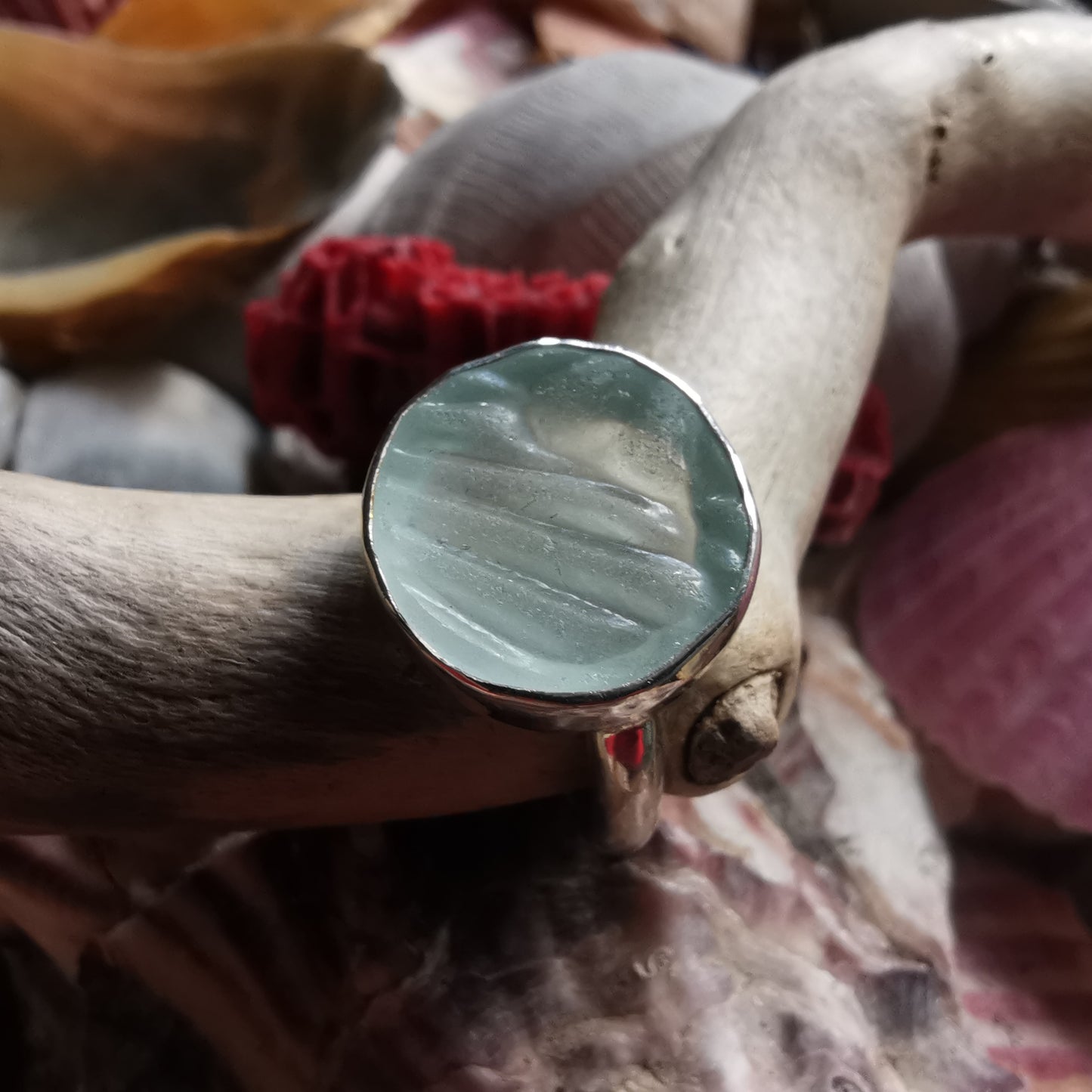Scottish sea foam sea glass silver ring size N.