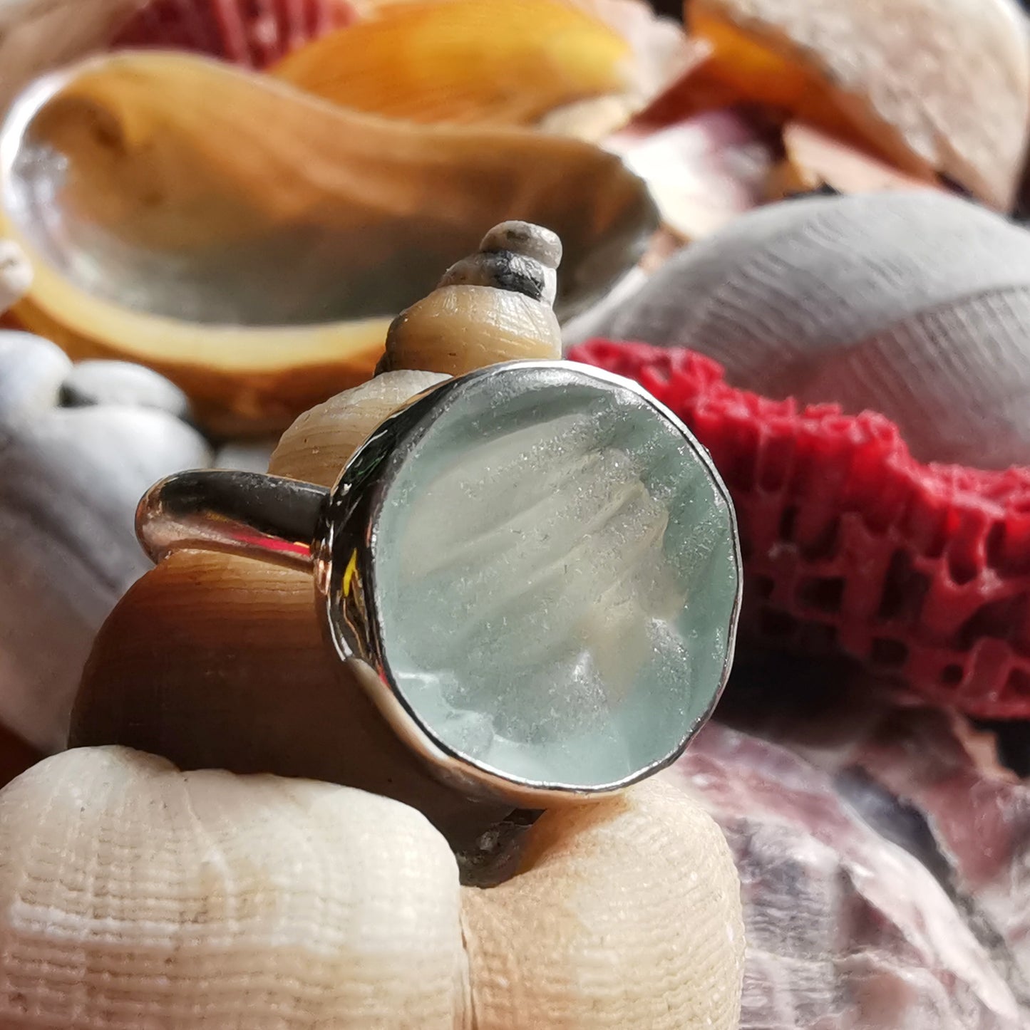 Scottish sea foam sea glass silver ring size N.