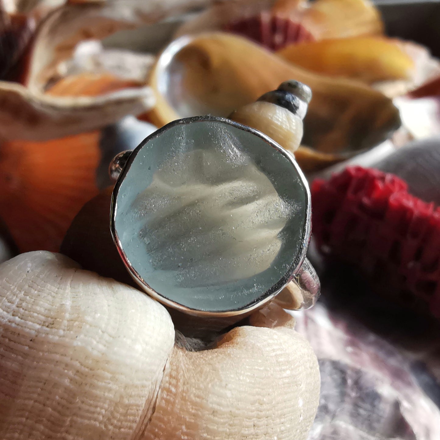 Scottish sea foam sea glass silver ring size N.