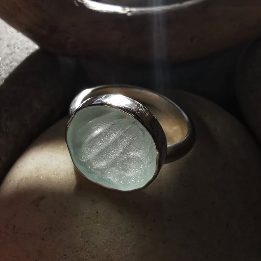 Scottish sea foam sea glass silver ring size N.