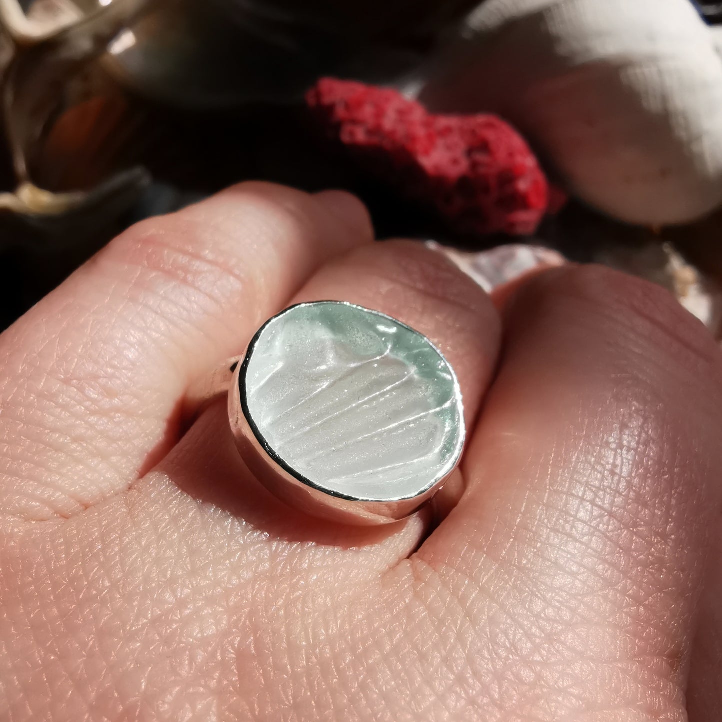 Scottish sea foam sea glass silver ring size N.