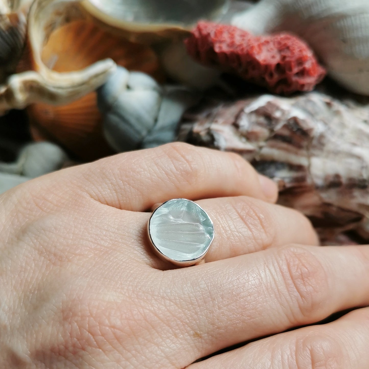 Scottish sea foam sea glass silver ring size N.