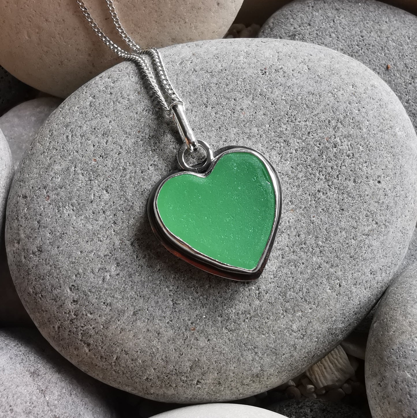Scottish UV green sea glass heart & sterling silver pendant.