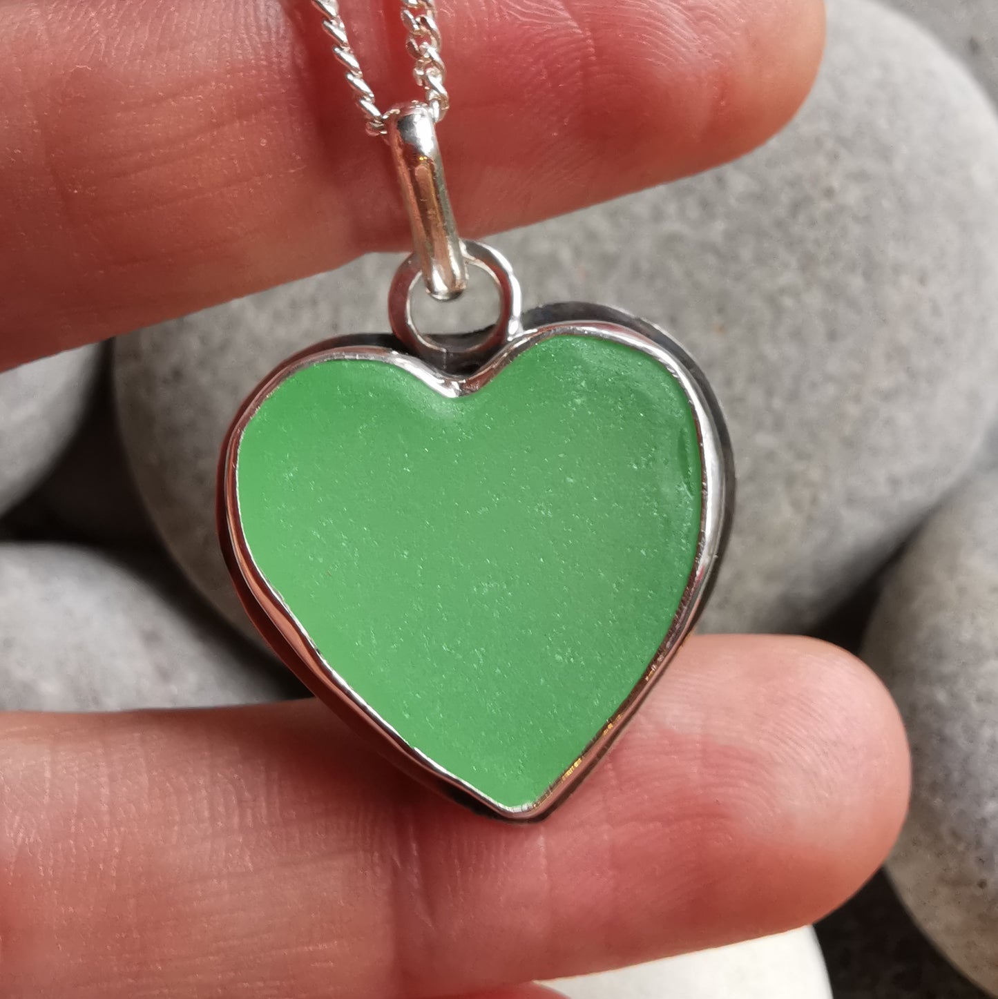 Scottish UV green sea glass heart & sterling silver pendant.