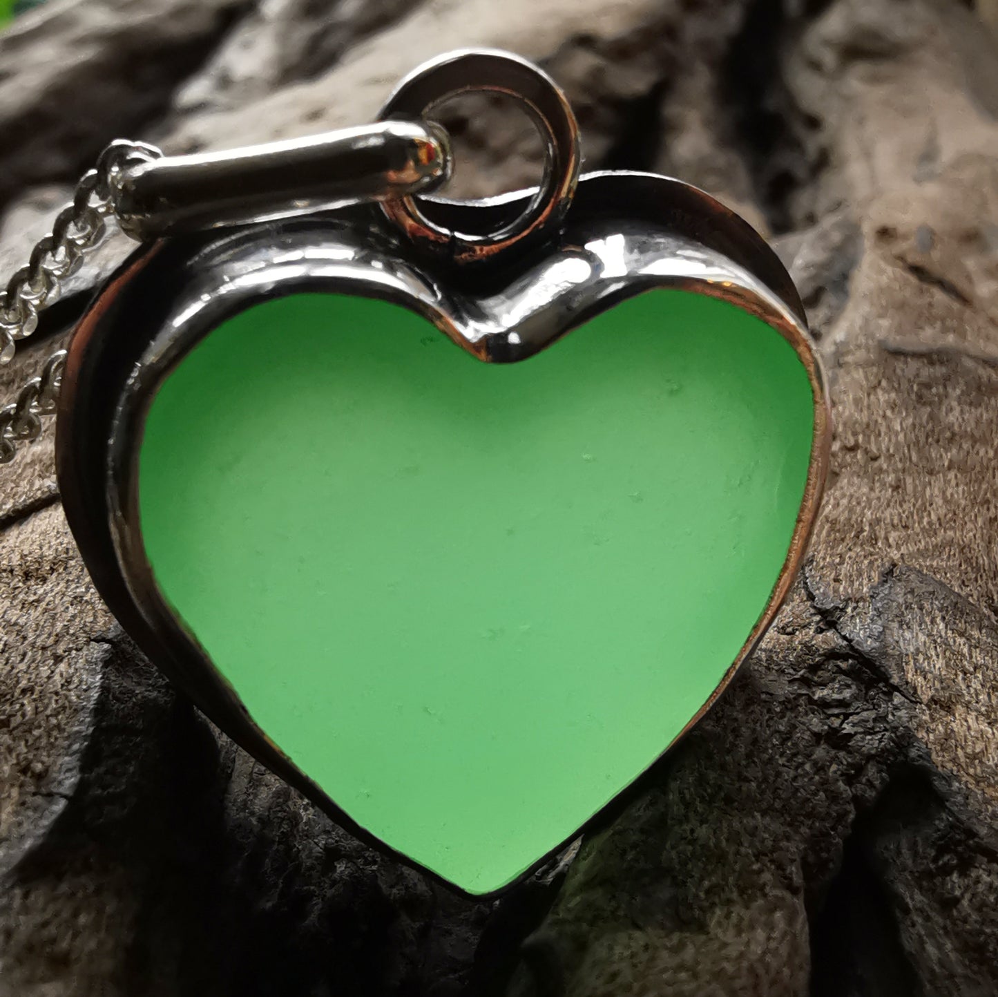 Scottish UV green sea glass heart & sterling silver pendant.