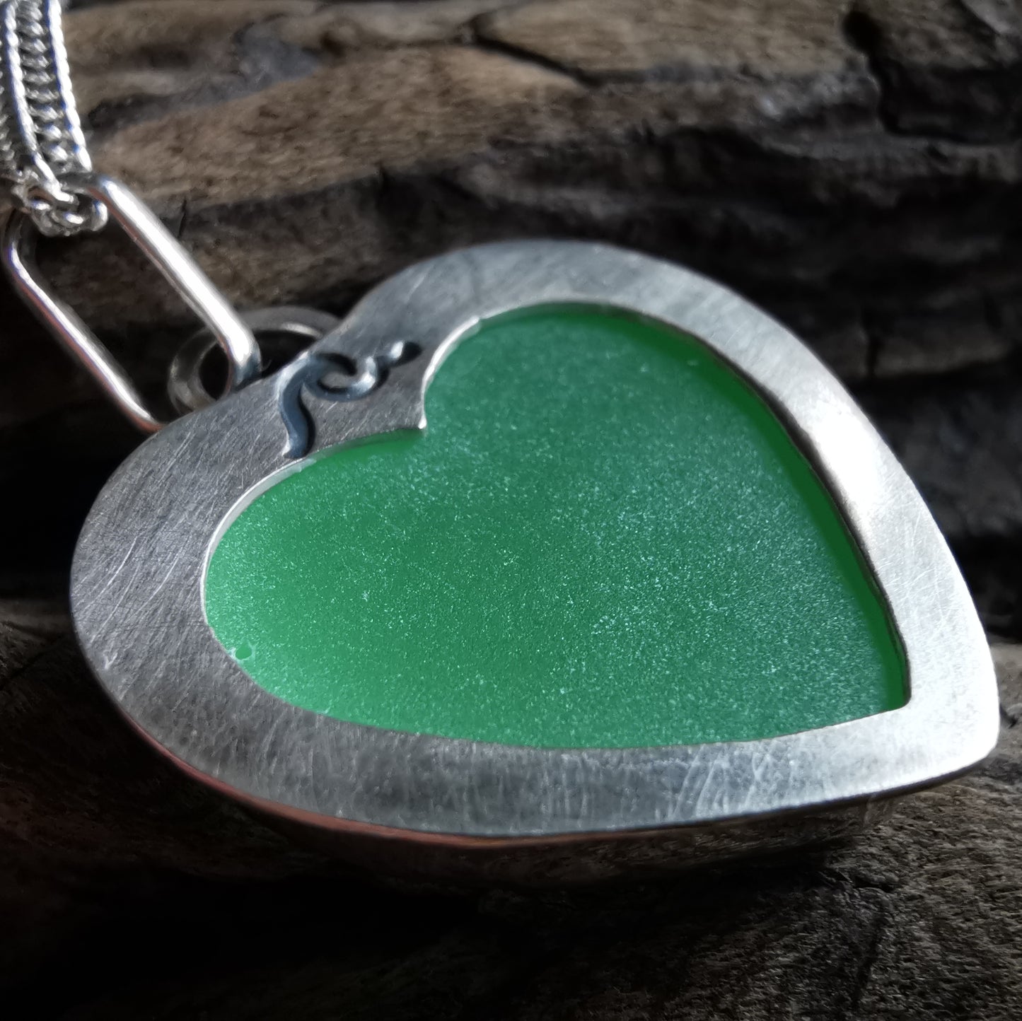 Scottish UV green sea glass heart & sterling silver pendant.