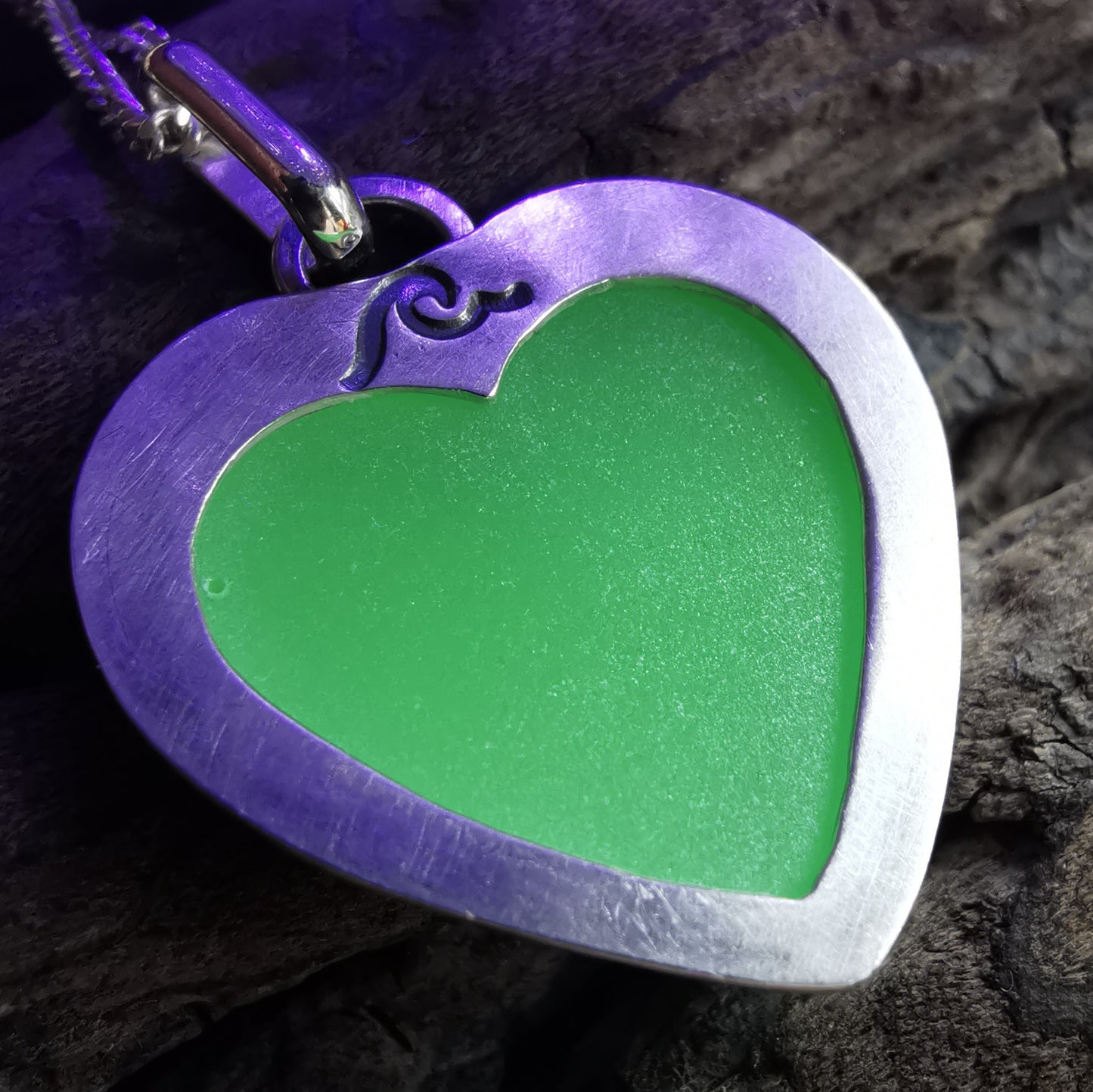 Scottish UV green sea glass heart & sterling silver pendant.