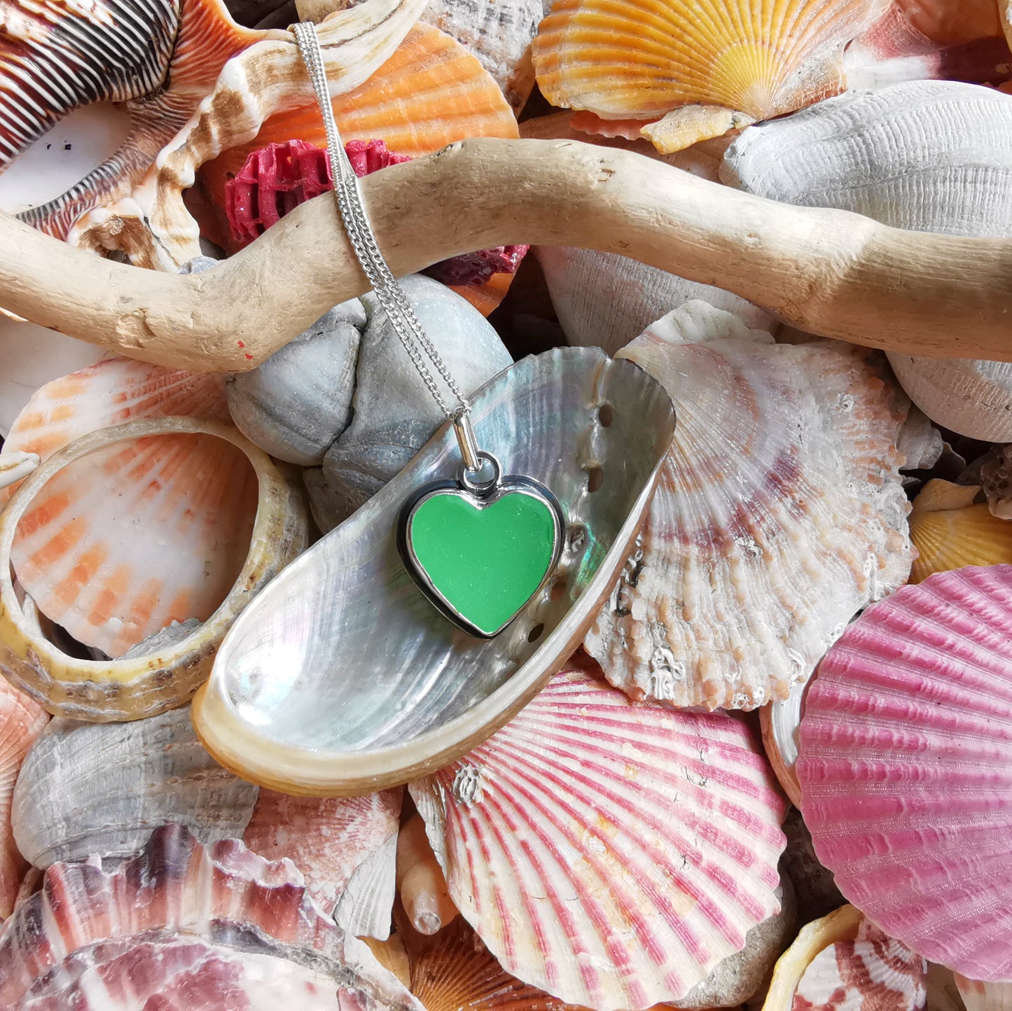 Scottish UV green sea glass heart & sterling silver pendant.