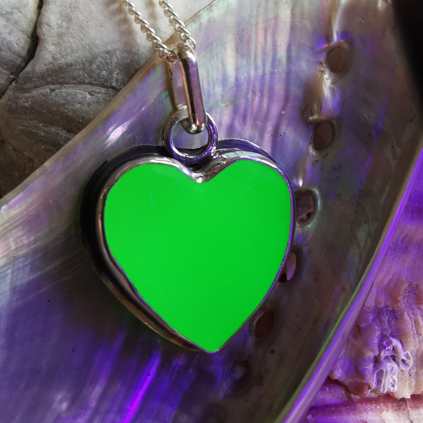 Scottish UV green sea glass heart & sterling silver pendant.