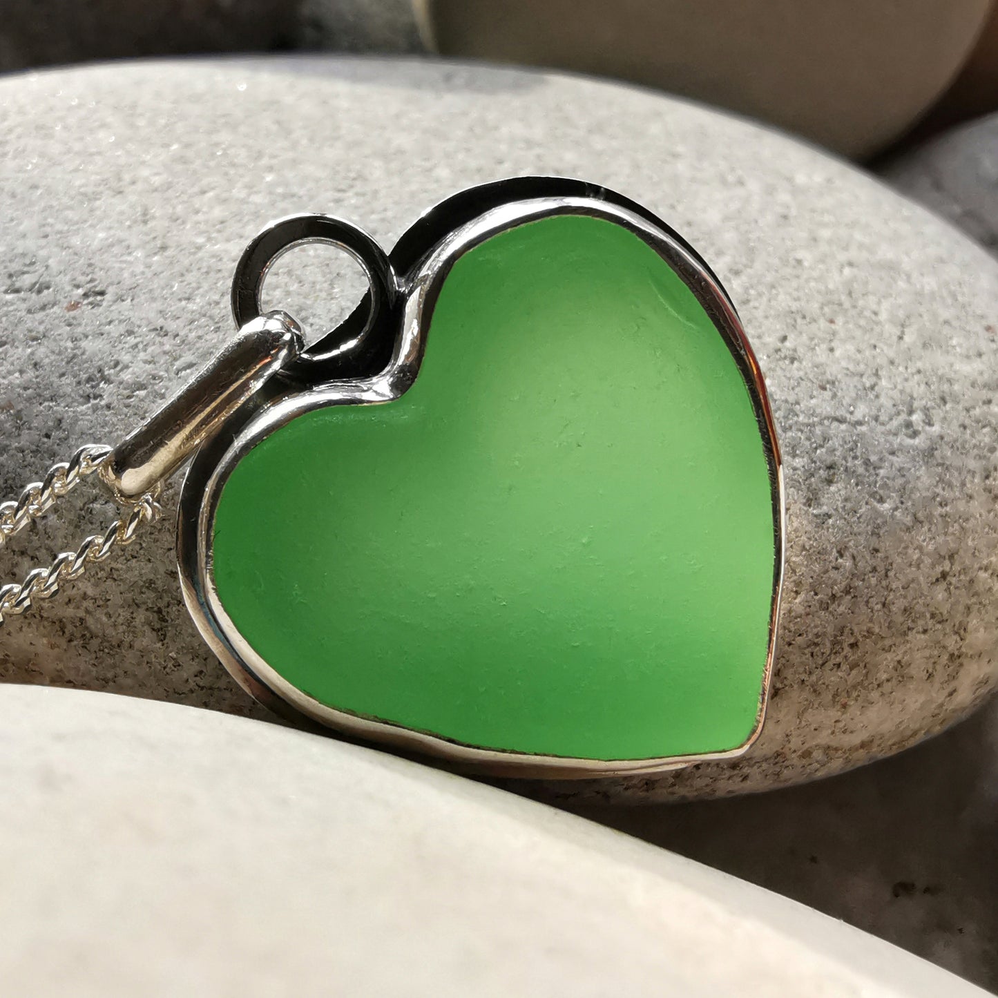 Scottish UV green sea glass heart & sterling silver pendant.