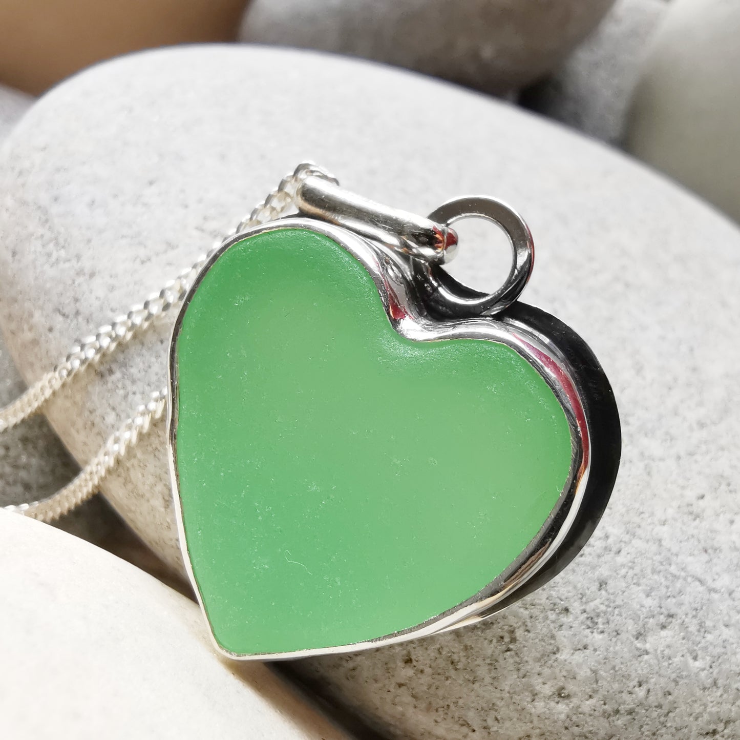 Scottish UV green sea glass heart & sterling silver pendant.