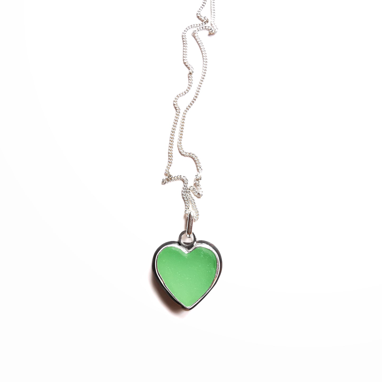 Scottish UV green sea glass heart & sterling silver pendant.