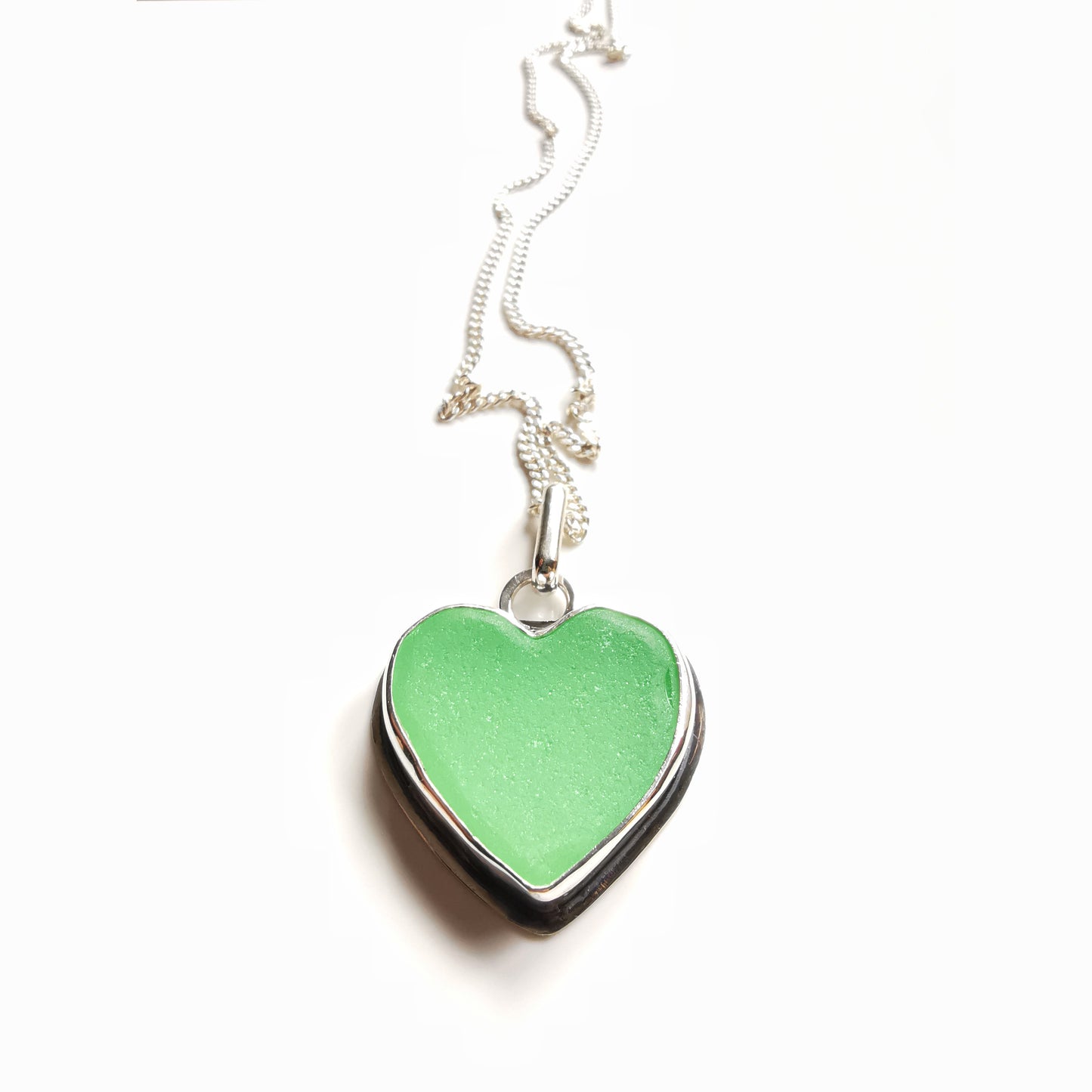 Scottish UV green sea glass heart & sterling silver pendant.