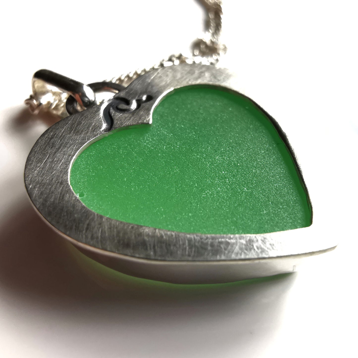 Scottish UV green sea glass heart & sterling silver pendant.