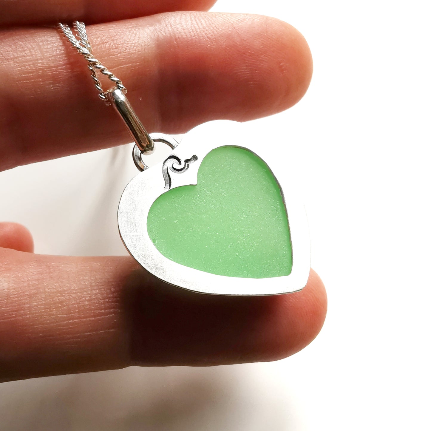Scottish UV green sea glass heart & sterling silver pendant.