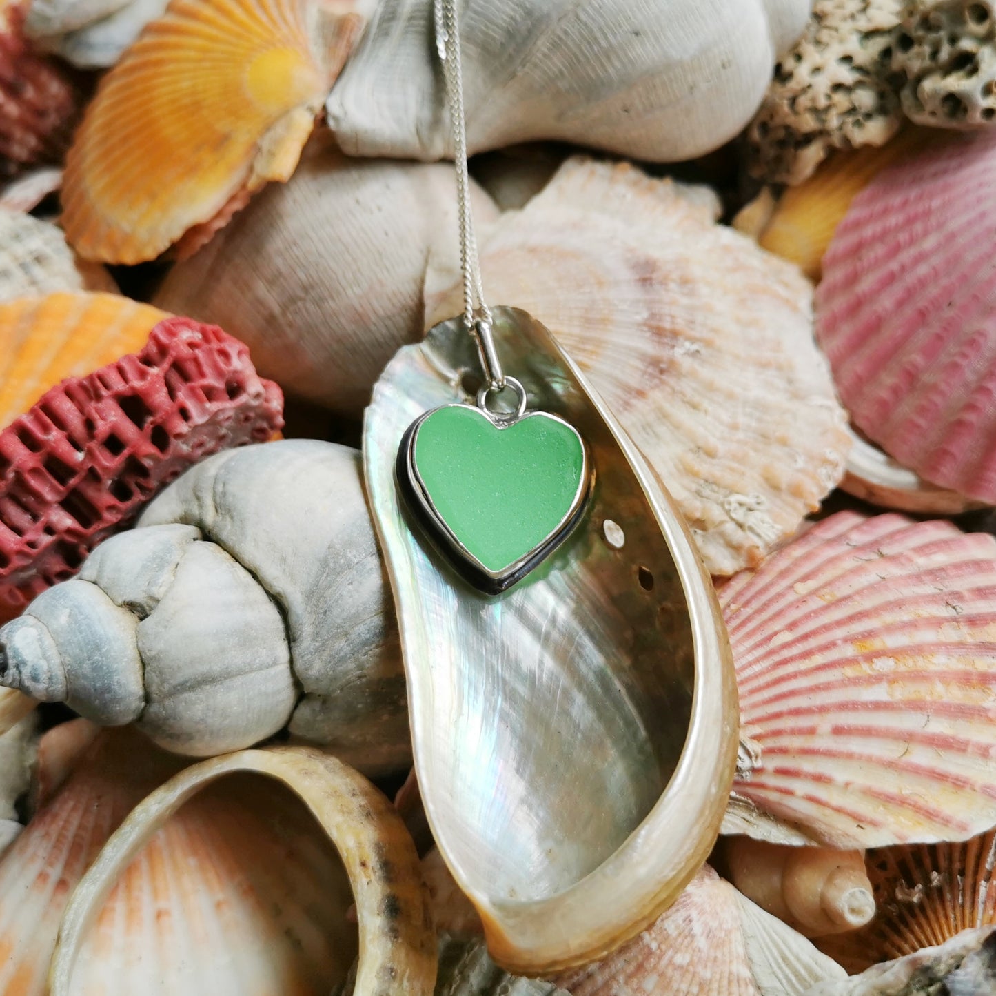 Scottish UV green sea glass heart & sterling silver pendant.