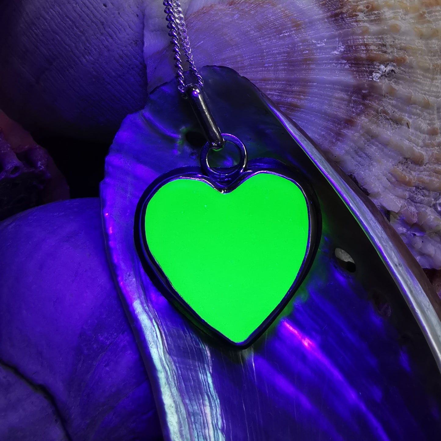 Scottish UV green sea glass heart & sterling silver pendant.