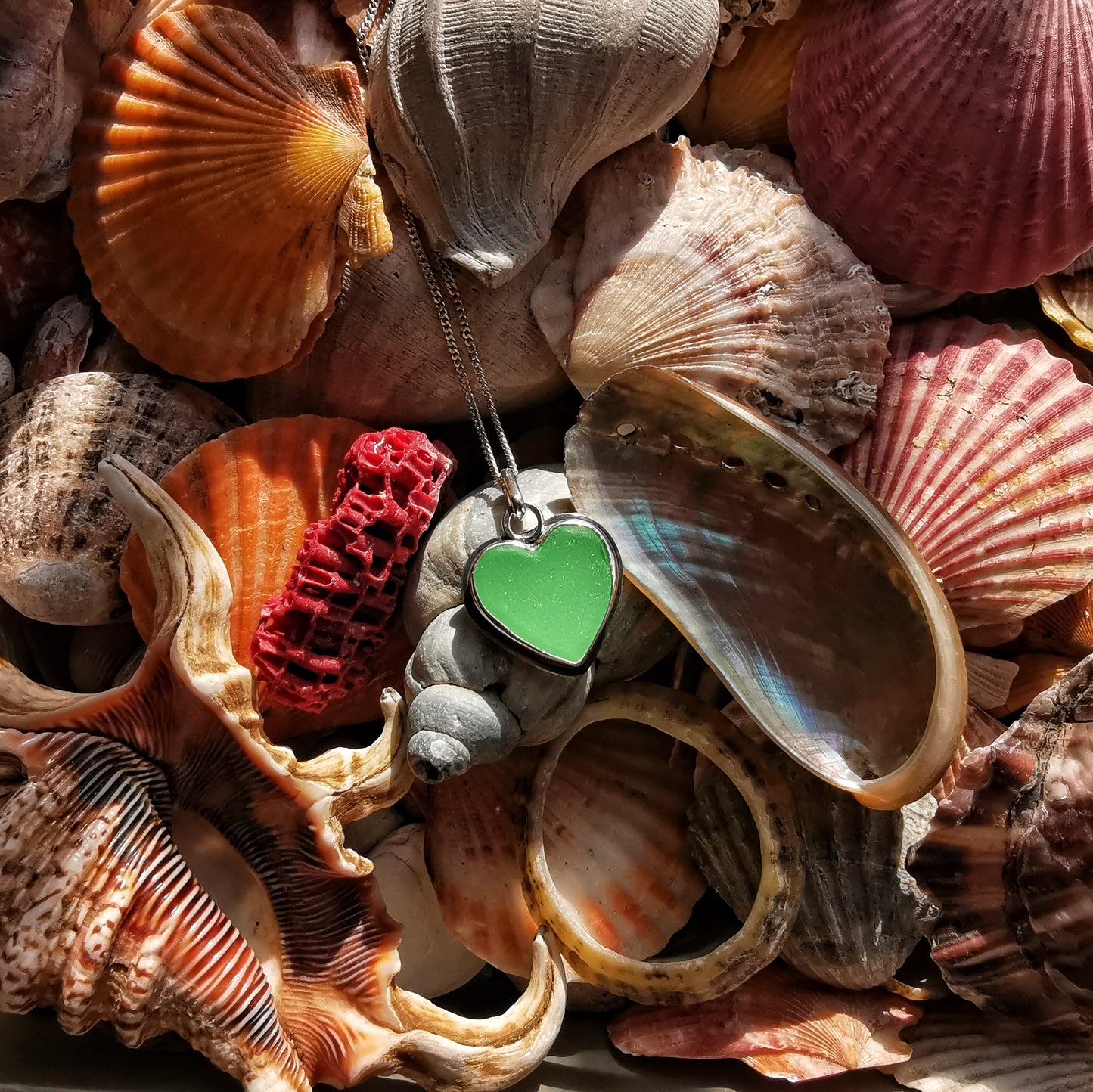 Scottish UV green sea glass heart & sterling silver pendant.