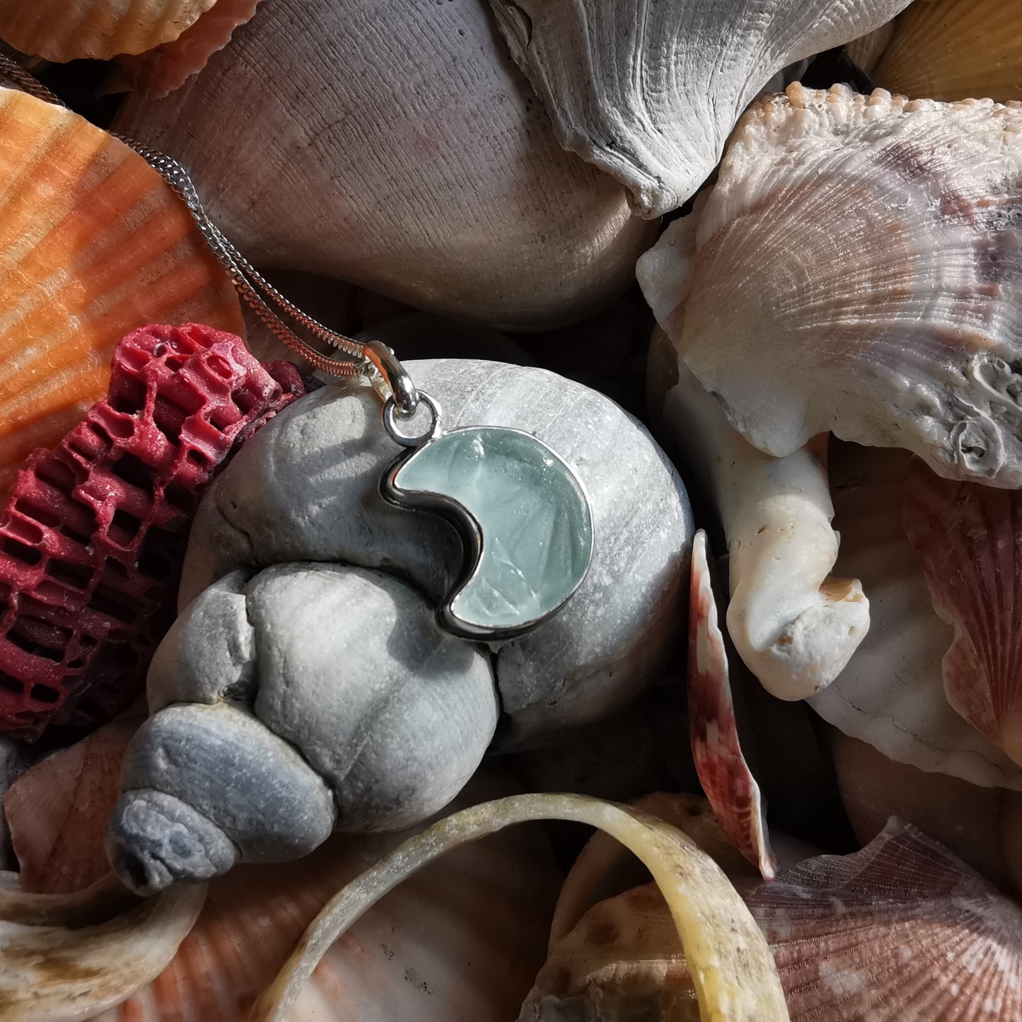 Scottish crescent moon sea glass & sterling silver pendant.