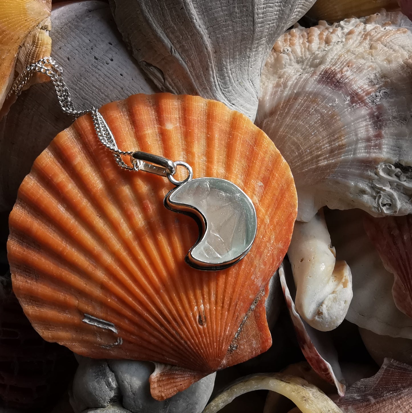 Scottish crescent moon sea glass & sterling silver pendant.