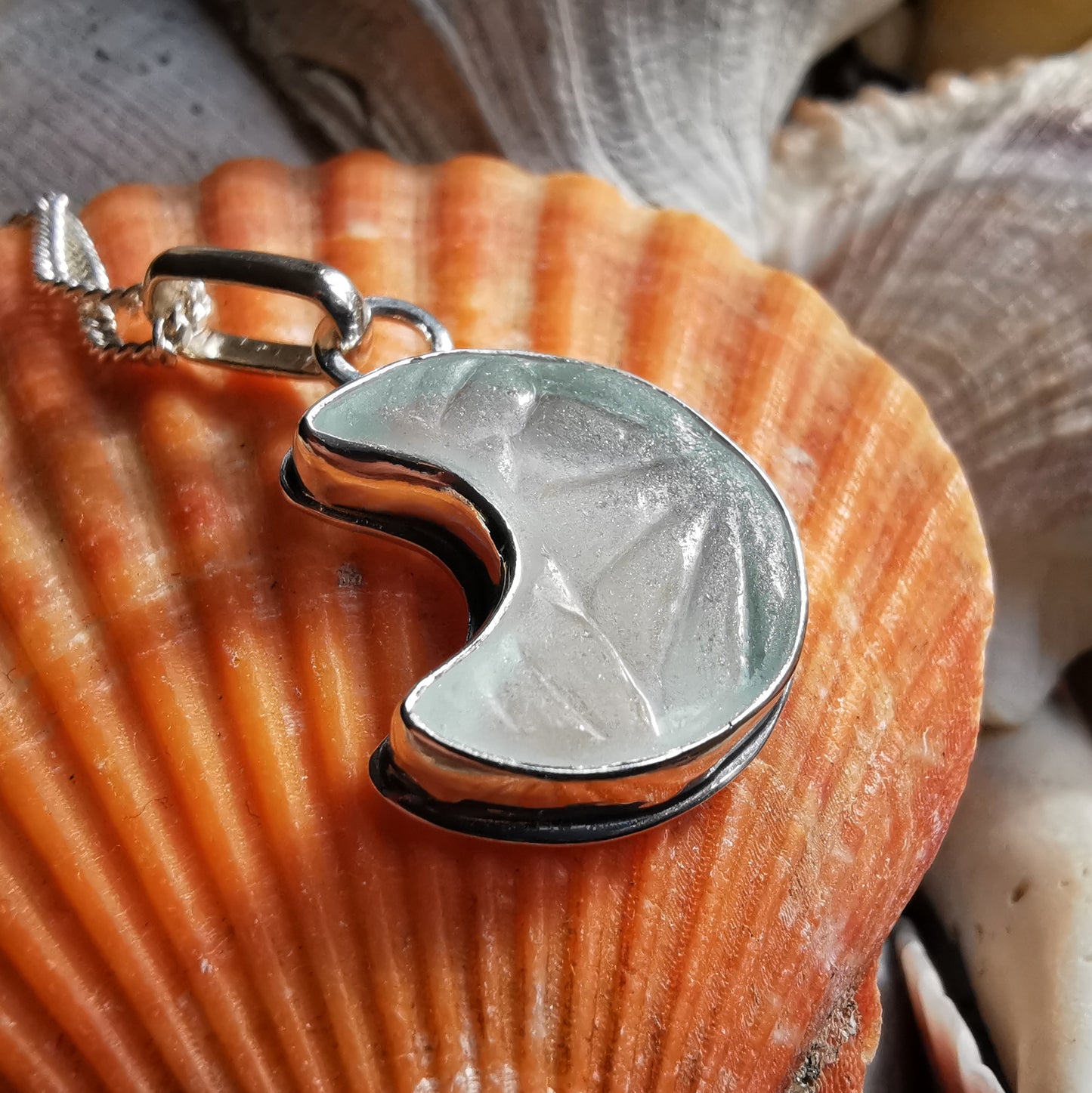 Scottish crescent moon sea glass & sterling silver pendant.