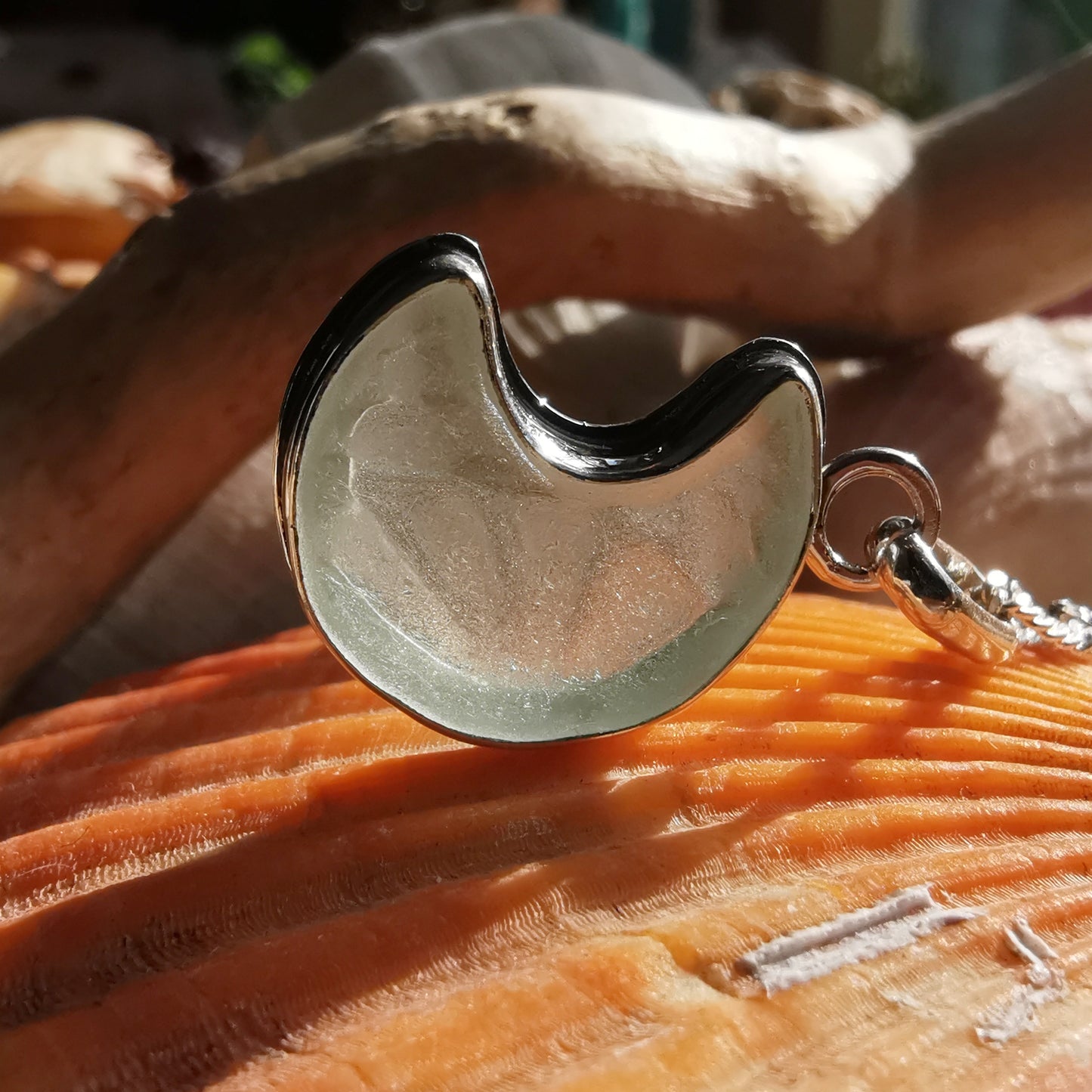 Scottish crescent moon sea glass & sterling silver pendant.