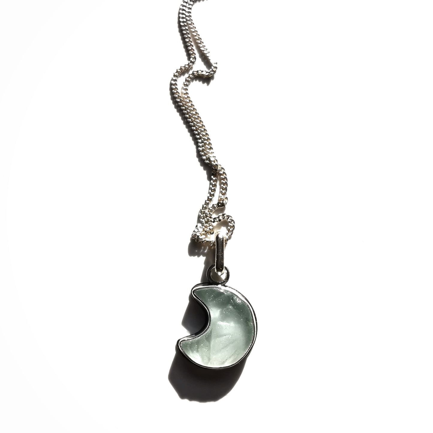 Scottish crescent moon sea glass & sterling silver pendant.