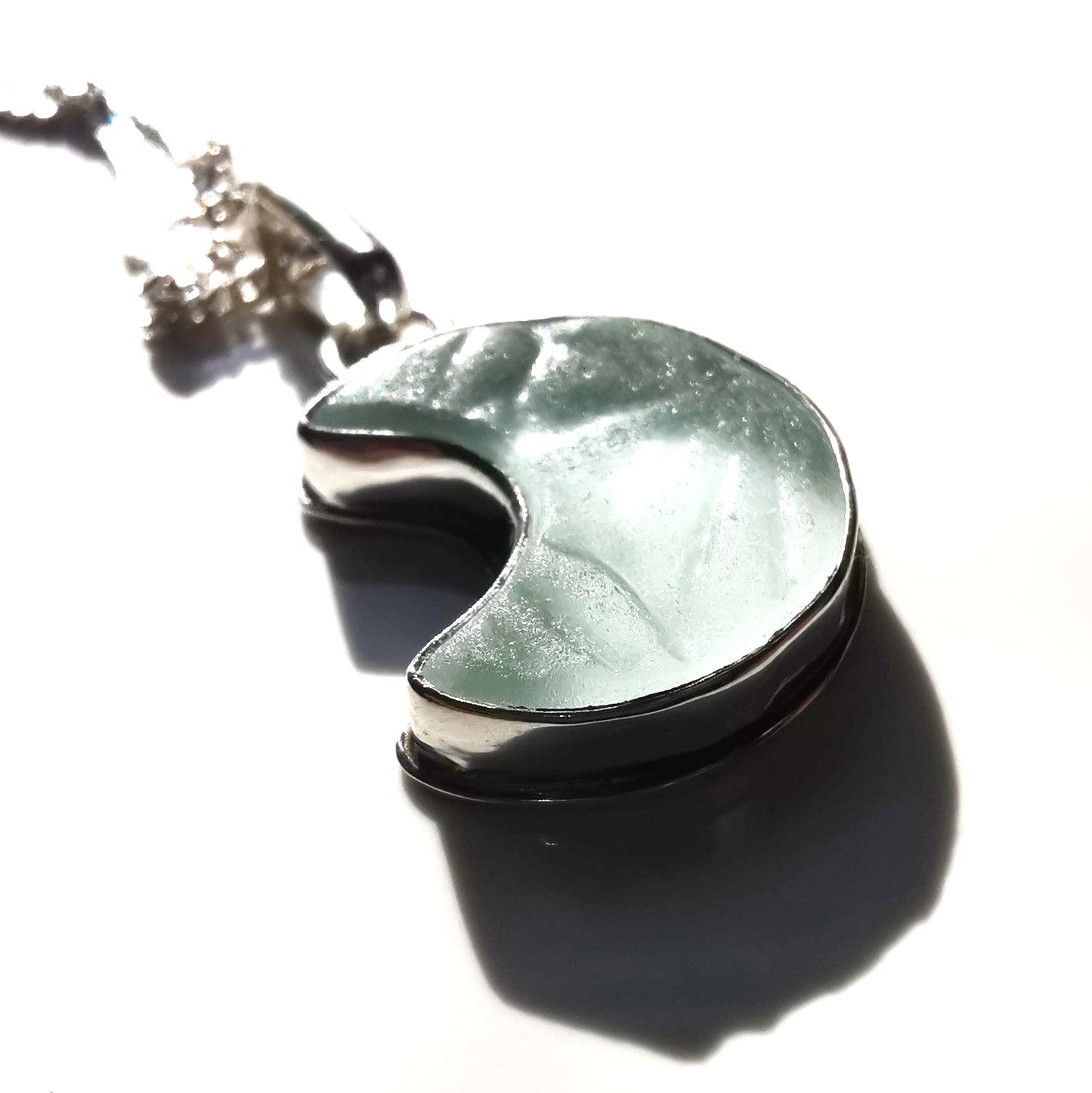 Scottish crescent moon sea glass & sterling silver pendant.