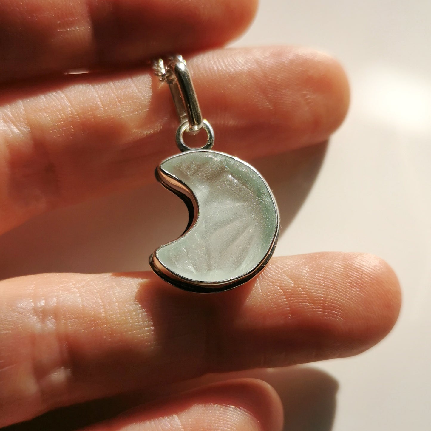 Scottish crescent moon sea glass & sterling silver pendant.