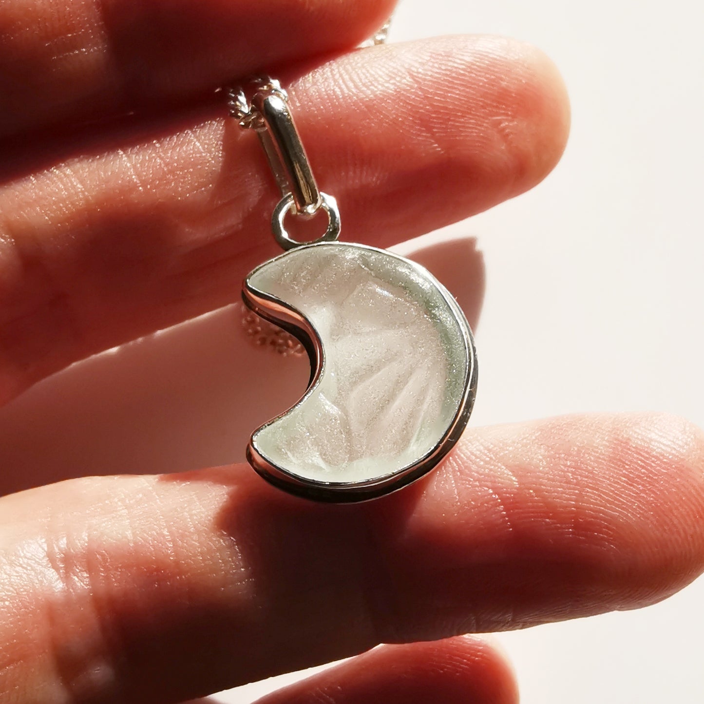 Scottish crescent moon sea glass & sterling silver pendant.