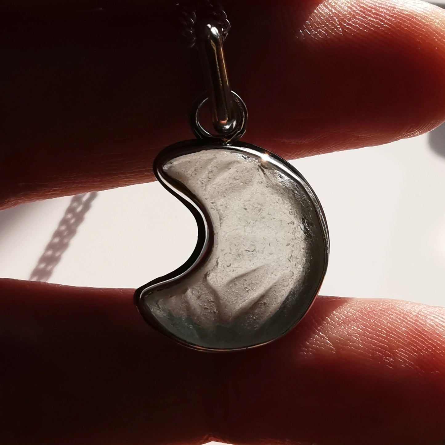 Scottish crescent moon sea glass & sterling silver pendant.