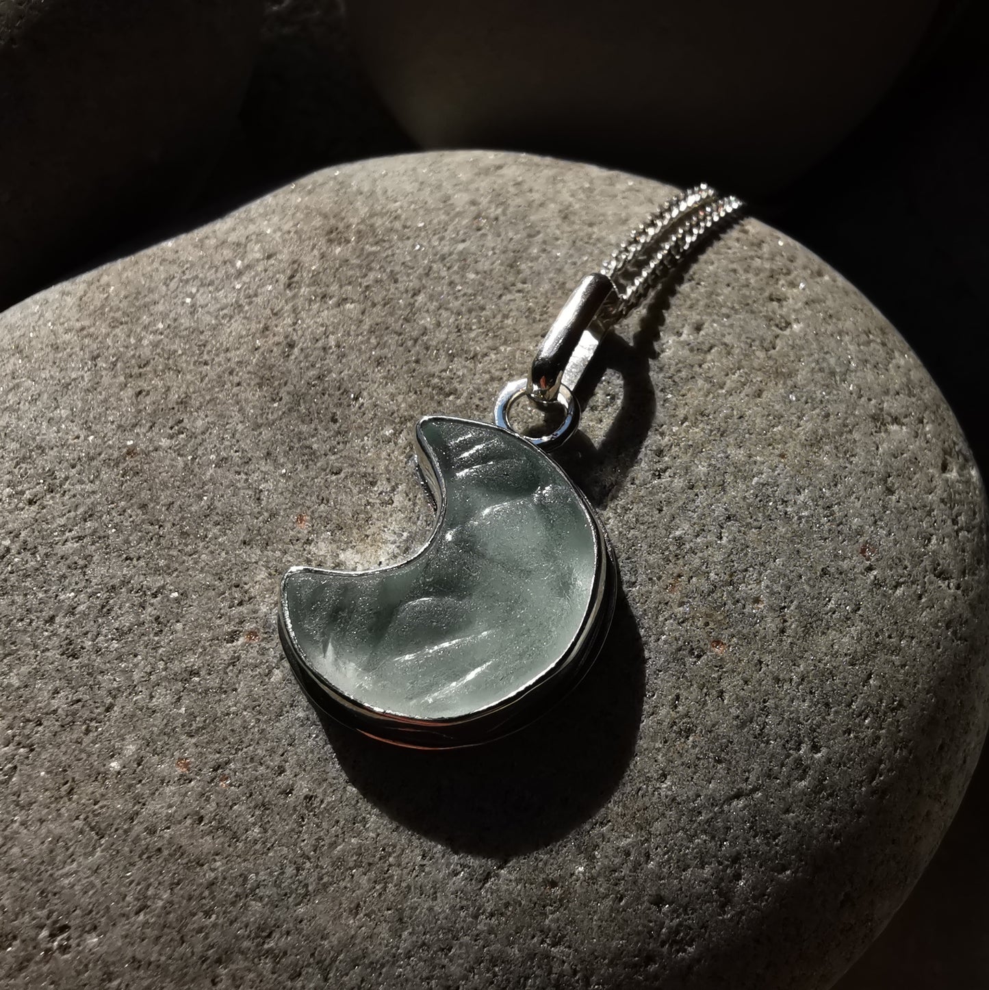 Scottish crescent moon sea glass & sterling silver pendant.