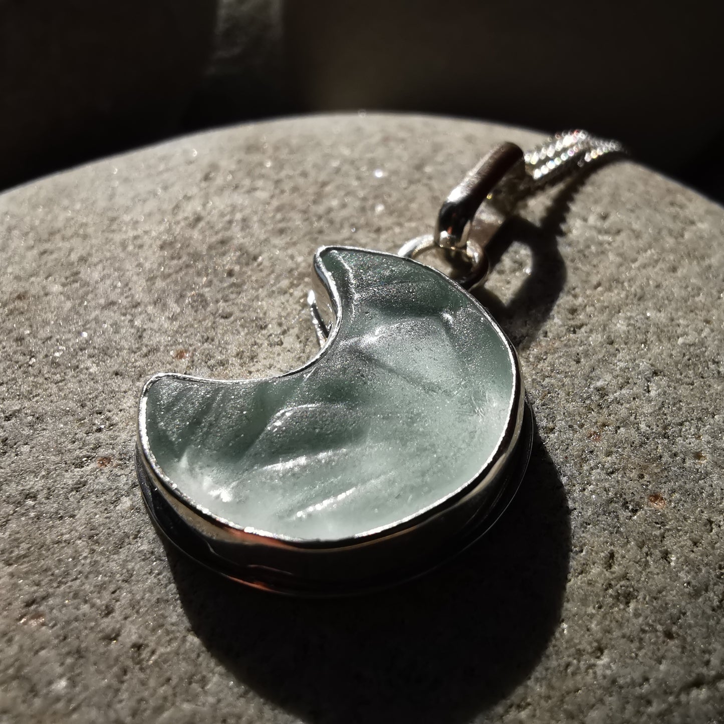 Scottish crescent moon sea glass & sterling silver pendant.