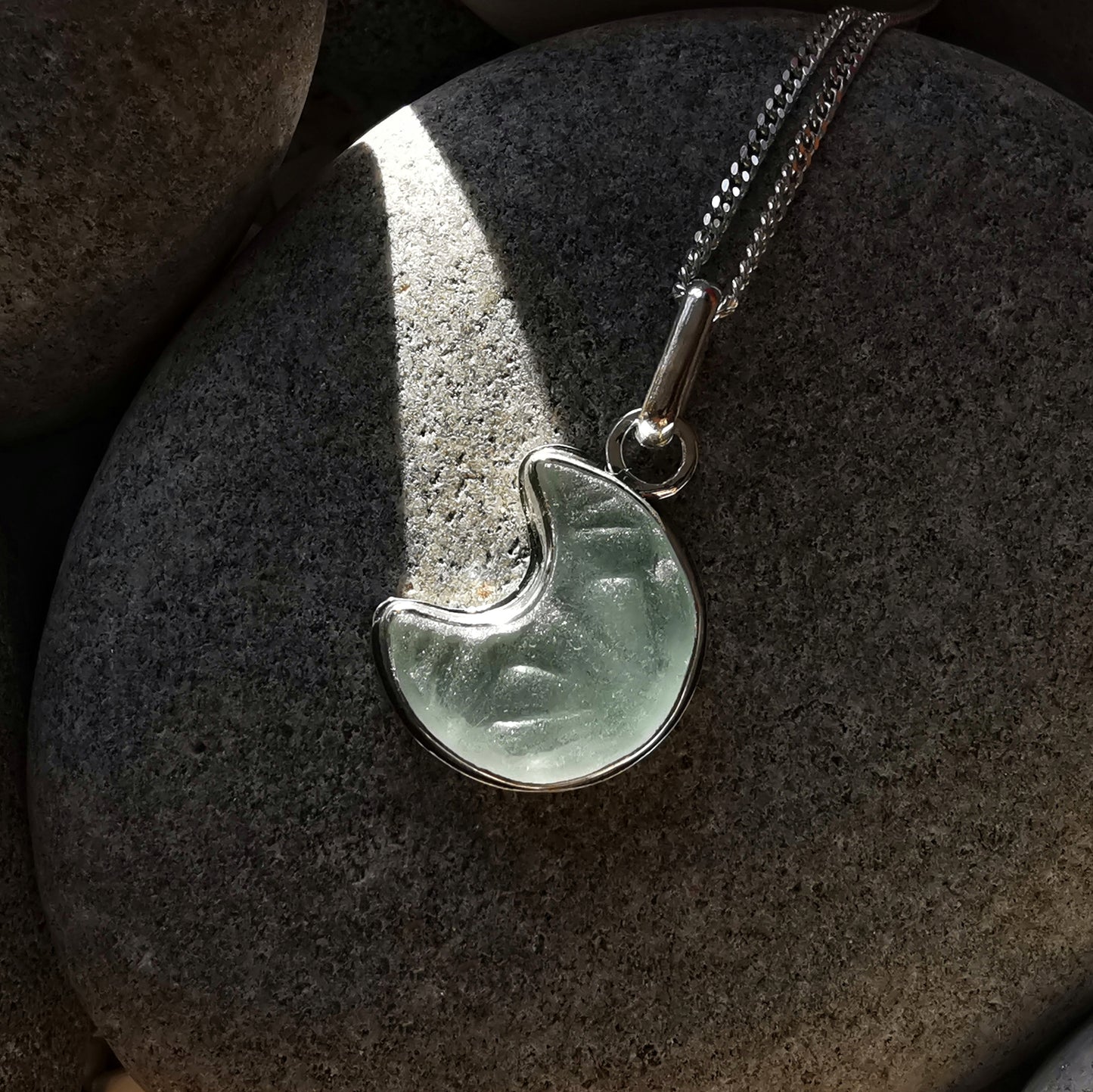 Scottish crescent moon sea glass & sterling silver pendant.