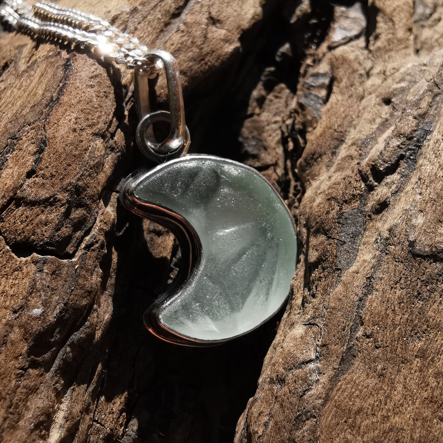 Scottish crescent moon sea glass & sterling silver pendant.
