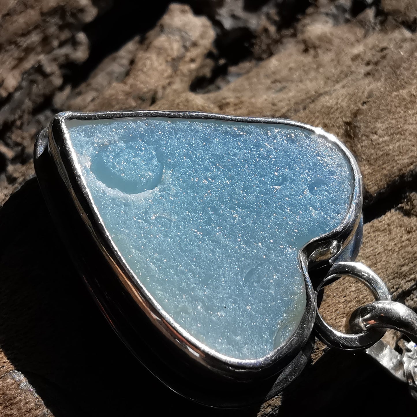 Reserved. Opalescent sea glass heart & sterling silver pendant.