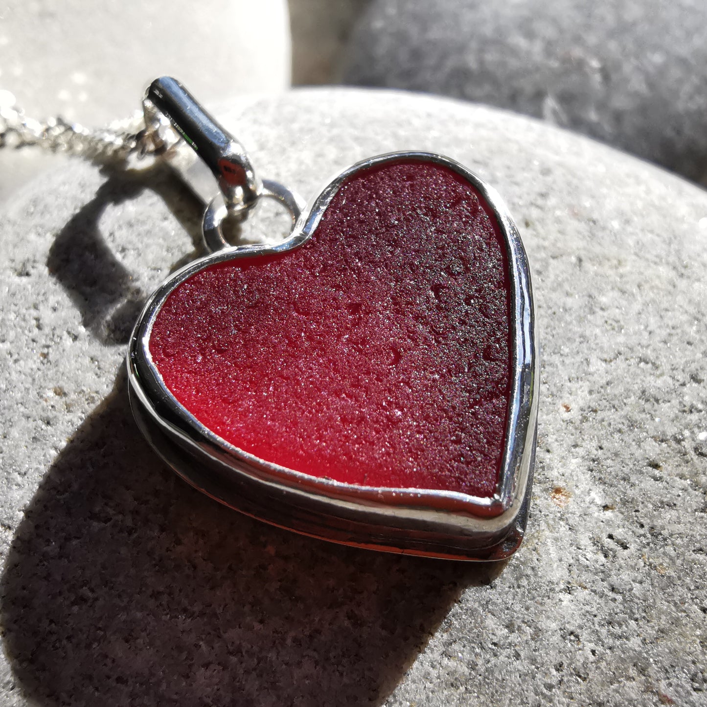 Magenta pink sea glass heart & sterling silver pendant.