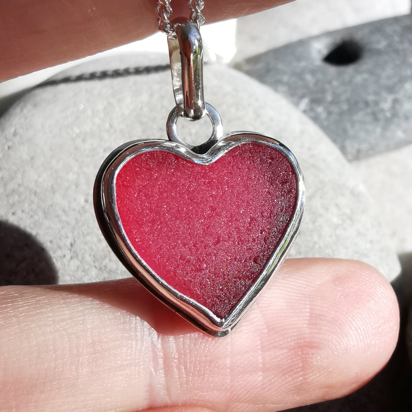 Magenta pink sea glass heart & sterling silver pendant.