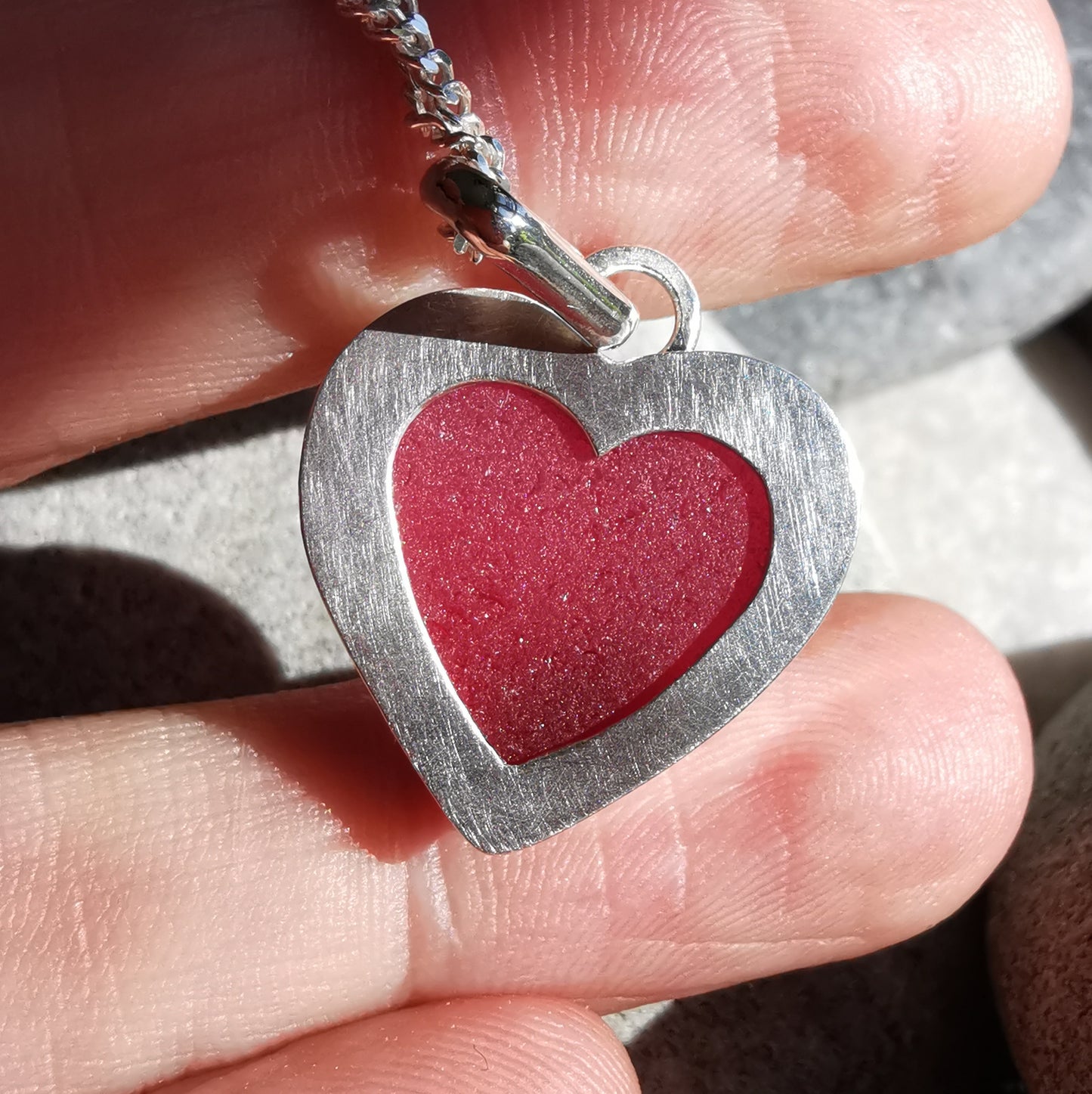 Magenta pink sea glass heart & sterling silver pendant.