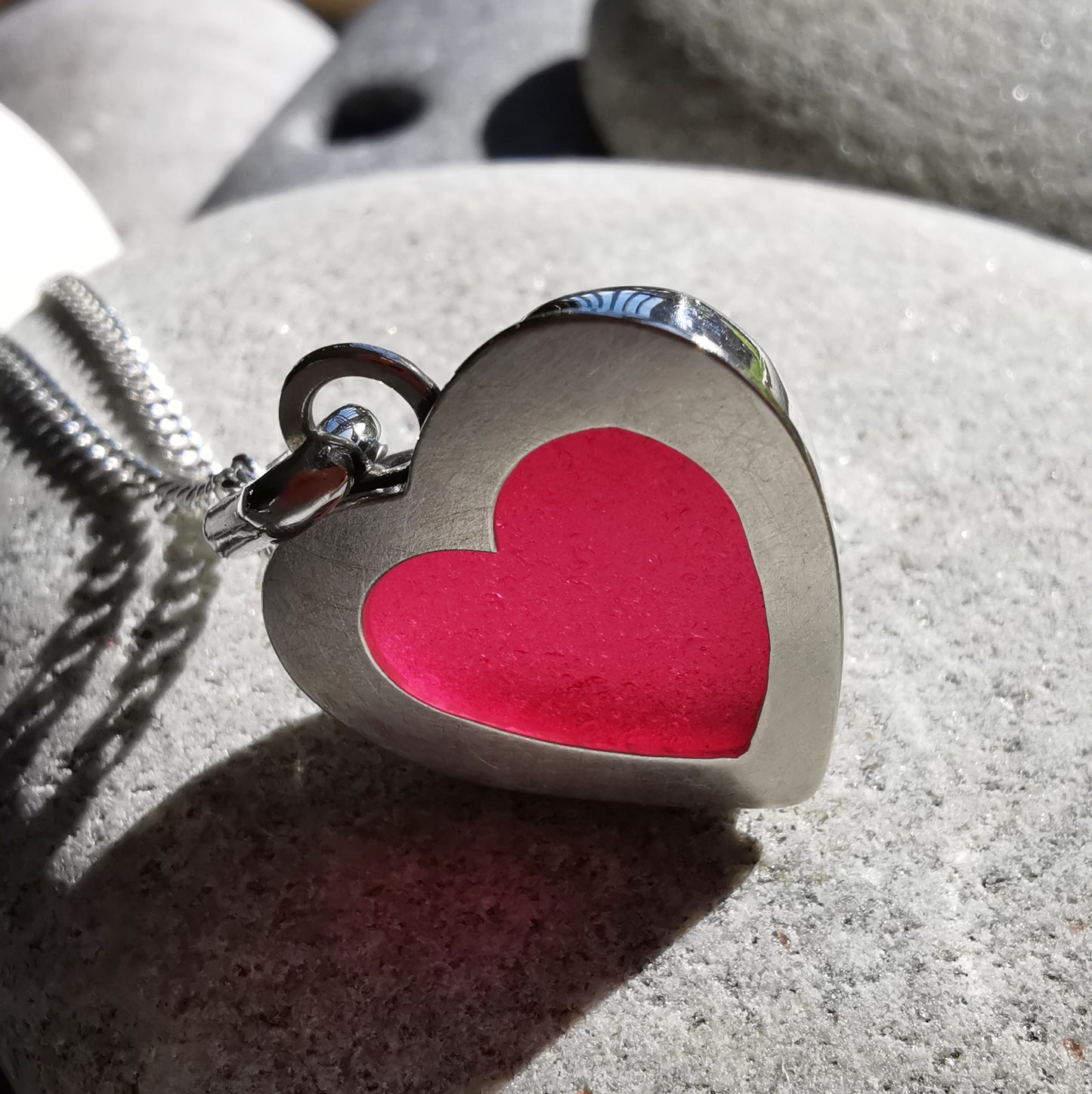 Magenta pink sea glass heart & sterling silver pendant.
