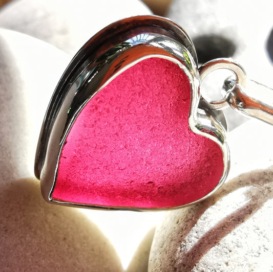 Magenta pink sea glass heart & sterling silver pendant.