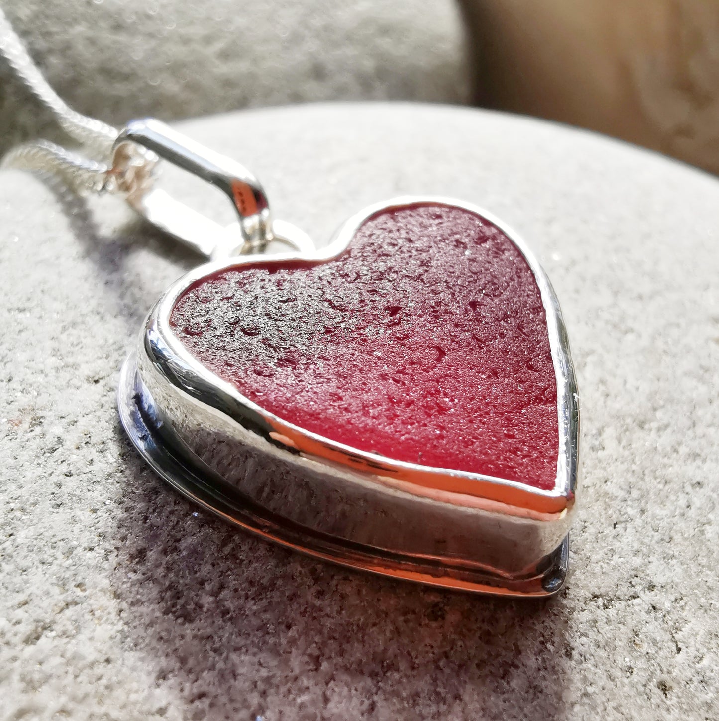 Magenta pink sea glass heart & sterling silver pendant.