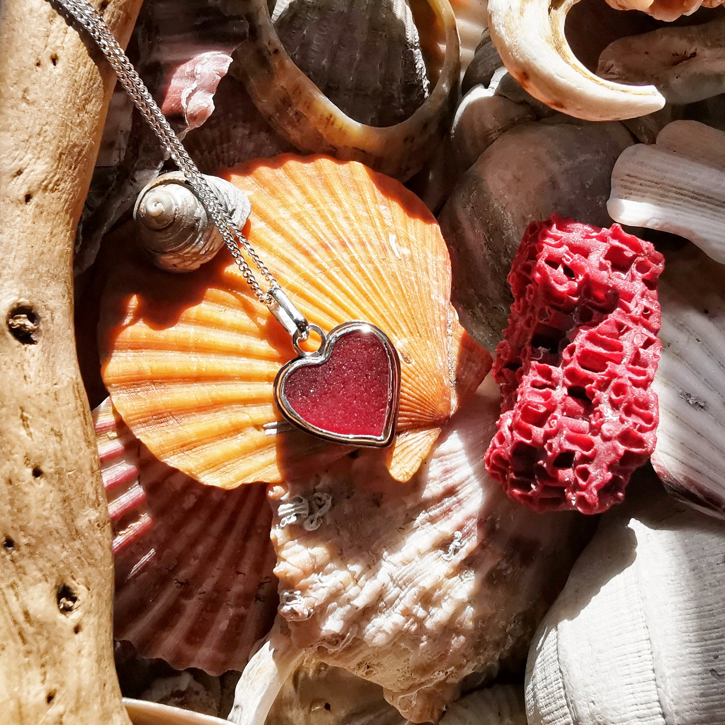 Magenta pink sea glass heart & sterling silver pendant.