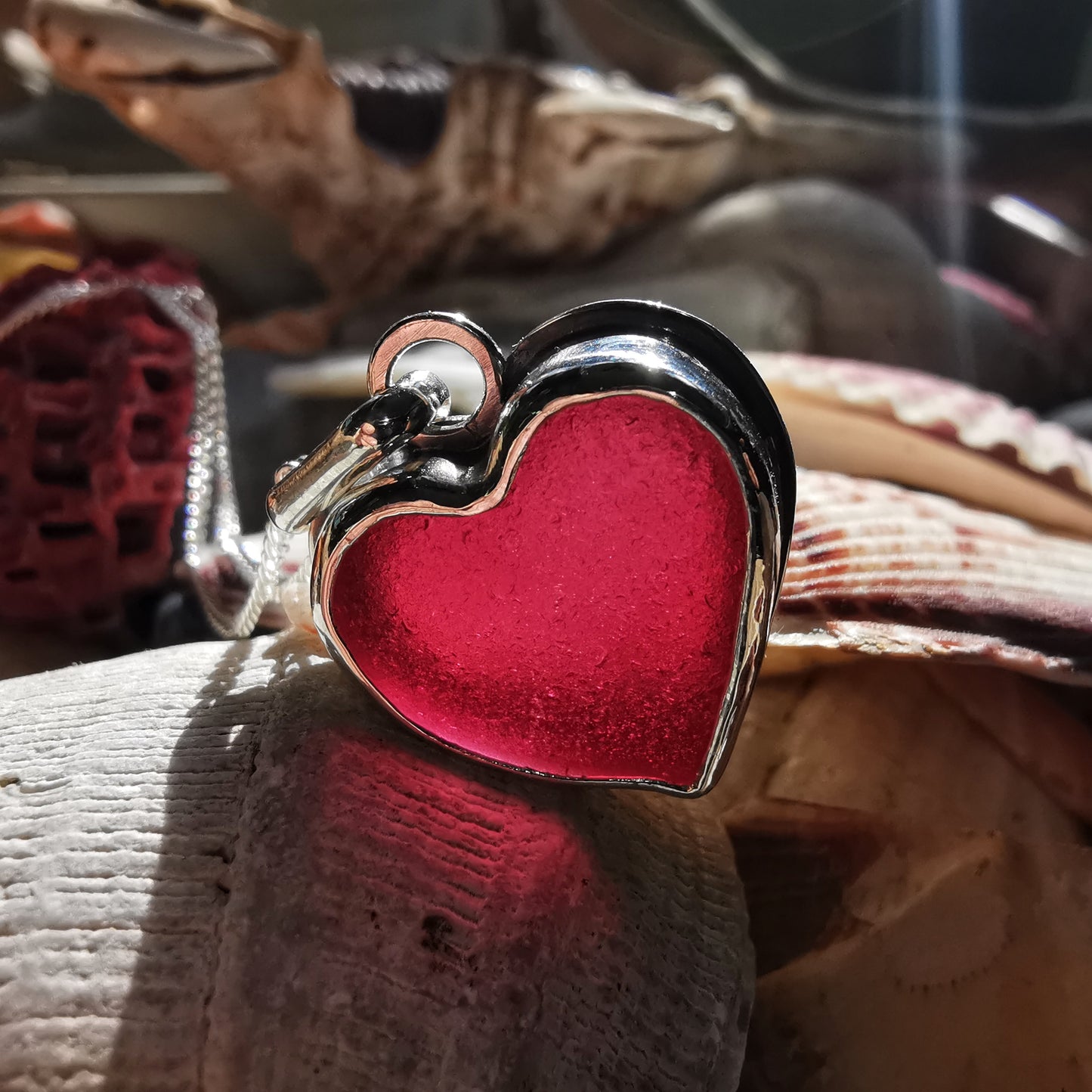 Magenta pink sea glass heart & sterling silver pendant.