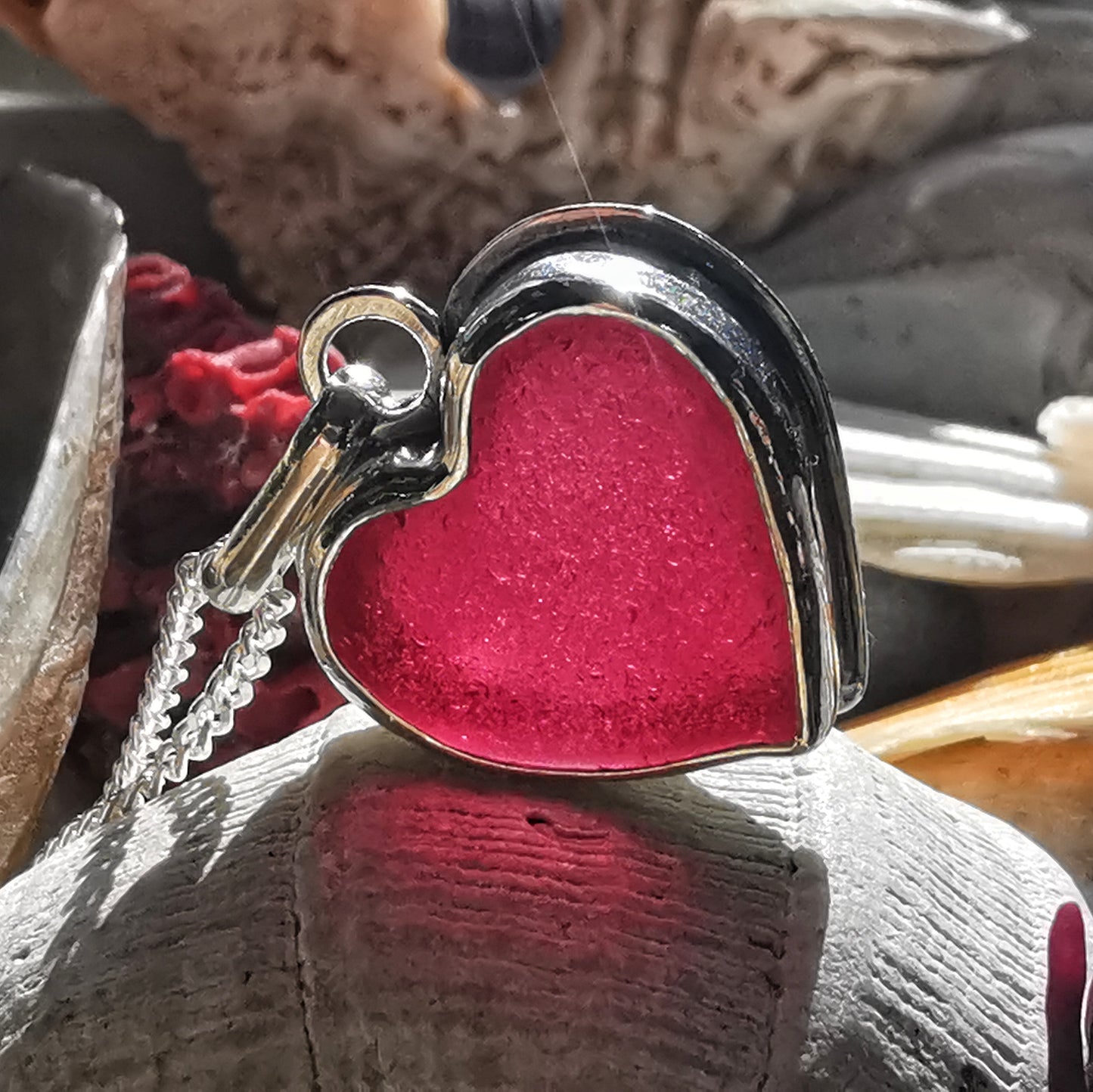 Magenta pink sea glass heart & sterling silver pendant.