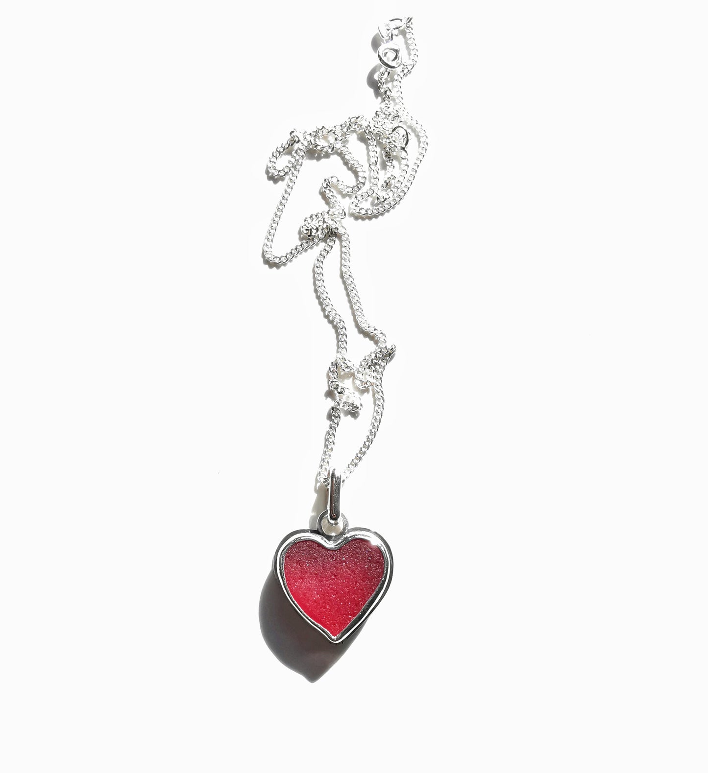 Magenta pink sea glass heart & sterling silver pendant.