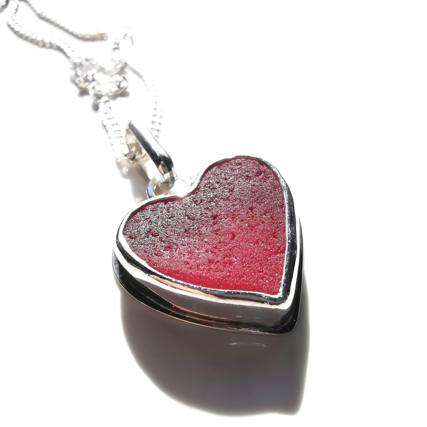 Magenta pink sea glass heart & sterling silver pendant.