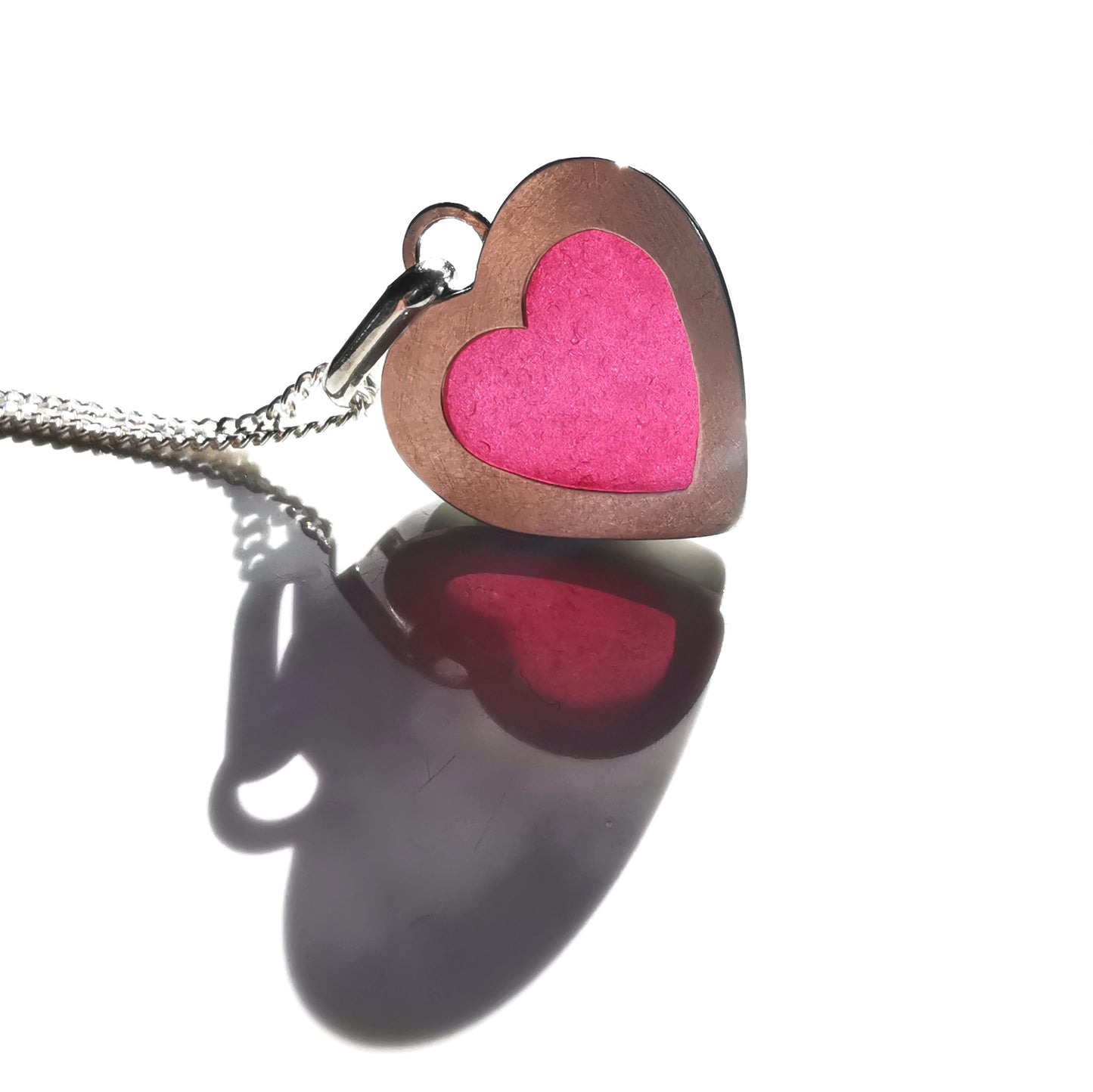 Magenta pink sea glass heart & sterling silver pendant.